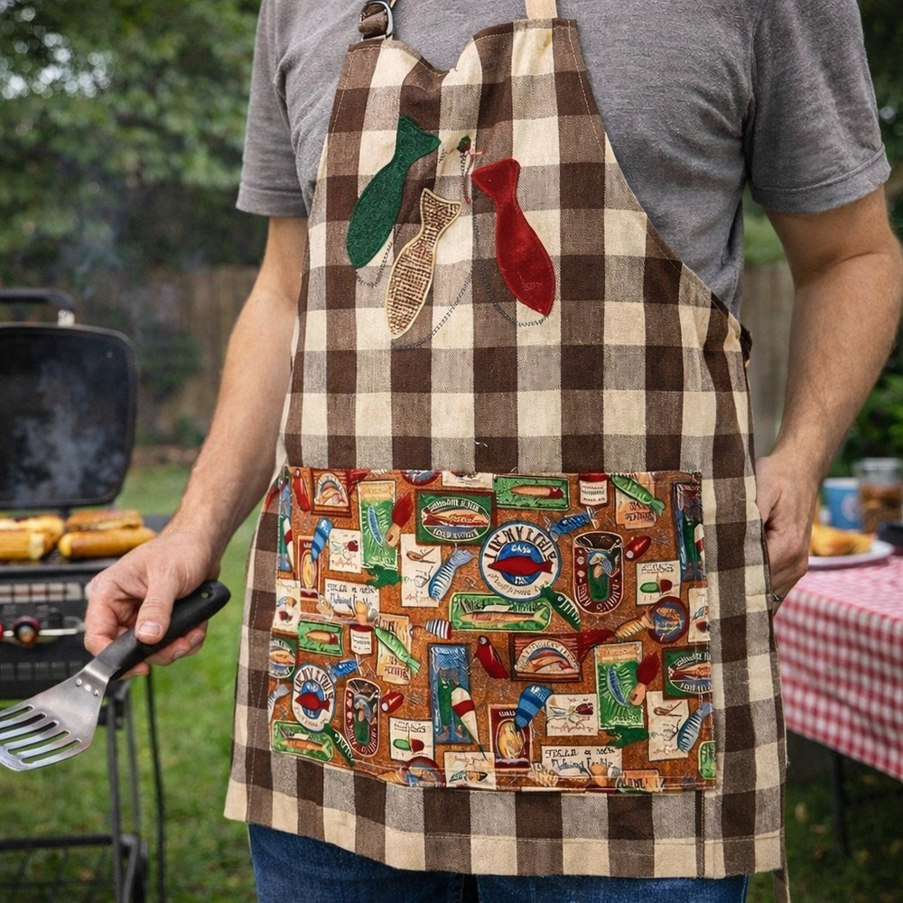 Vintage Handmade Fishing Tackle Apron Brown Gingham Check Retro Pocket Grilling‎